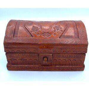 Leather Hand Tooled Designed Round Lidded Box Jewelry/Home Decor/Vintage
